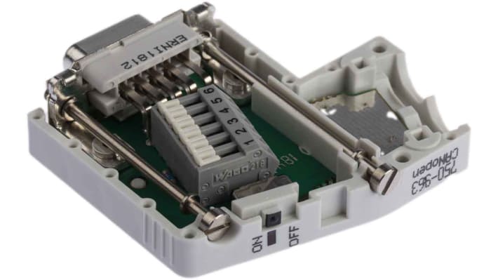 Zoccolo relè Wago 750963 per CANopen, connettore 9 poli, alimentazione 4,75-5,25 V c.c., grado di protezione IP20.