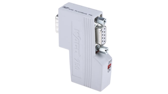 Zoccolo relè Wago 750970 per Profibus, connettore D-Sub 9 pin, alimentazione 4,75-5,25 V c.c., IP20, montaggio rapido.