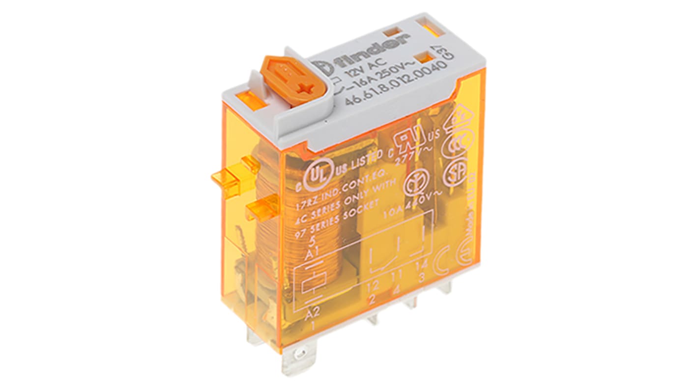 Finder 46.61.8.012.0040, relè di potenza SPDT 12V, corrente 25A, dimensioni 32,8 x 29 x 12,4 mm, attacco rapido.