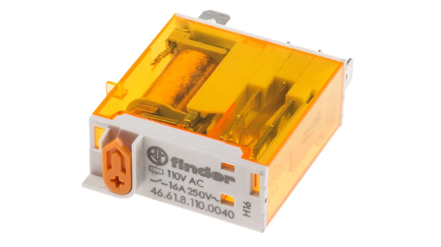 Finder 46.61.8.110.0040, relè di potenza SPDT, bobina 110V, corrente 25A, dimensioni 32,8x29x12,4 mm, montaggio a innesto.