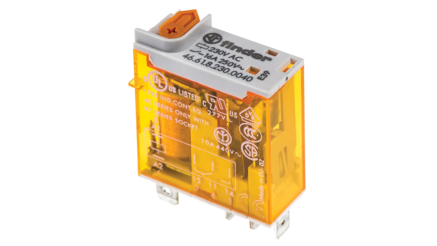 Finder 46.61.8.230.0040, relè di potenza SPDT 230V, corrente 16A, dimensioni 32,8 x 29 x 12,4 mm, attacco rapido.