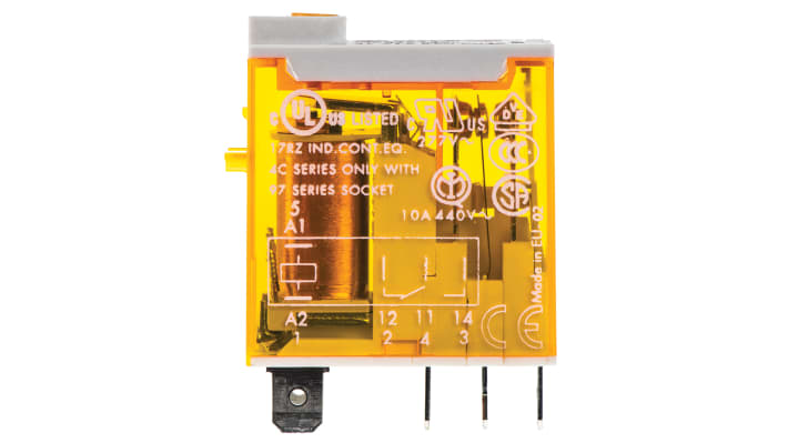 Finder 46.61.8.230.0040, relè di potenza SPDT 230V, corrente 16A, dimensioni 32,8 x 29 x 12,4 mm, attacco rapido.