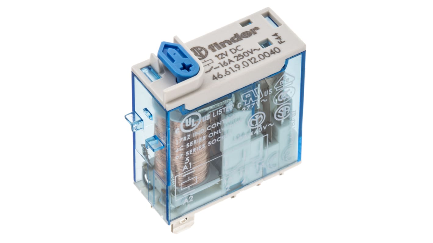 Finder 46.61.9.012.0040, relè di potenza SPDT 12V cc, corrente 25A, dimensioni 32,8 x 29 x 12,4 mm, attacco rapido.