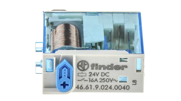 Finder 46.61.9.024.0040, relè di potenza SPDT 24V cc, corrente 16A, dimensioni 32,8 x 29 x 12,4 mm, isolamento 6000 V.