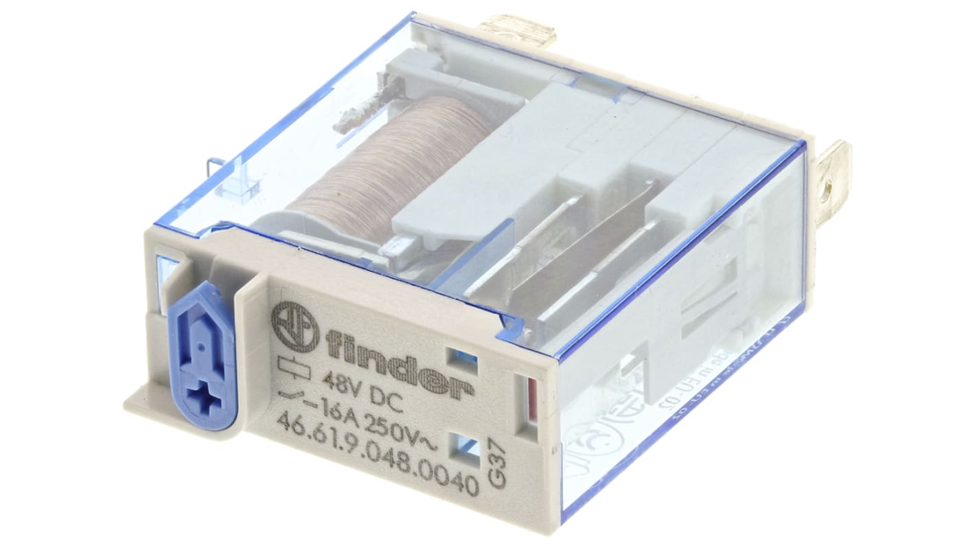 Finder 46.61.9.048.0040, relè di potenza SPDT 48V cc, corrente 25A, dimensioni 32,8 x 29 x 12,4 mm, attacco rapido.