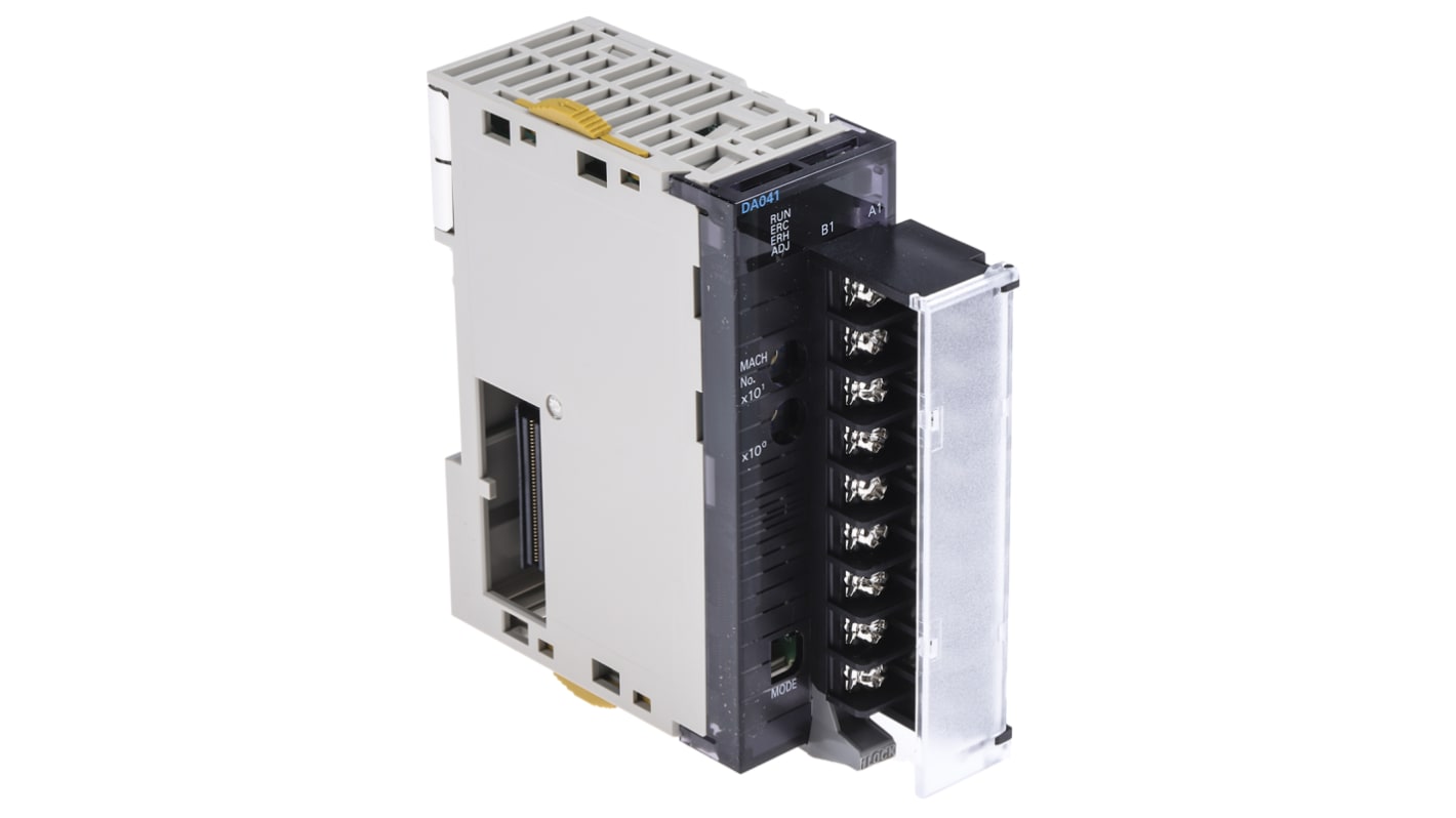 Modulo I/O Omron CJ1W-DA041 per PLC, 4 uscite analogiche, montaggio su guida DIN, dimensioni 90 x 31 x 65 mm.