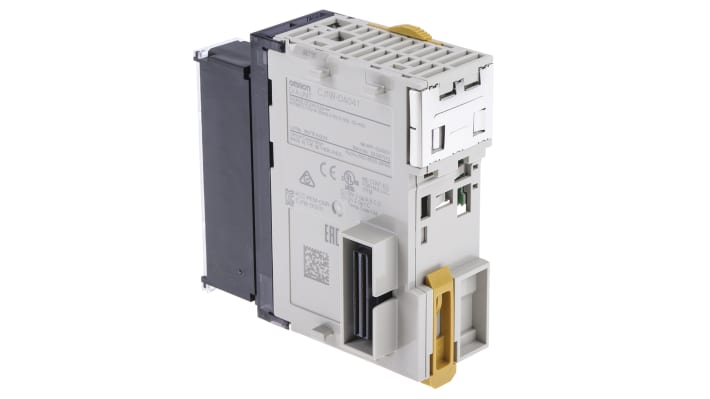Modulo I/O Omron CJ1W-DA041 per PLC, 4 uscite analogiche, montaggio su guida DIN, dimensioni 90 x 31 x 65 mm.