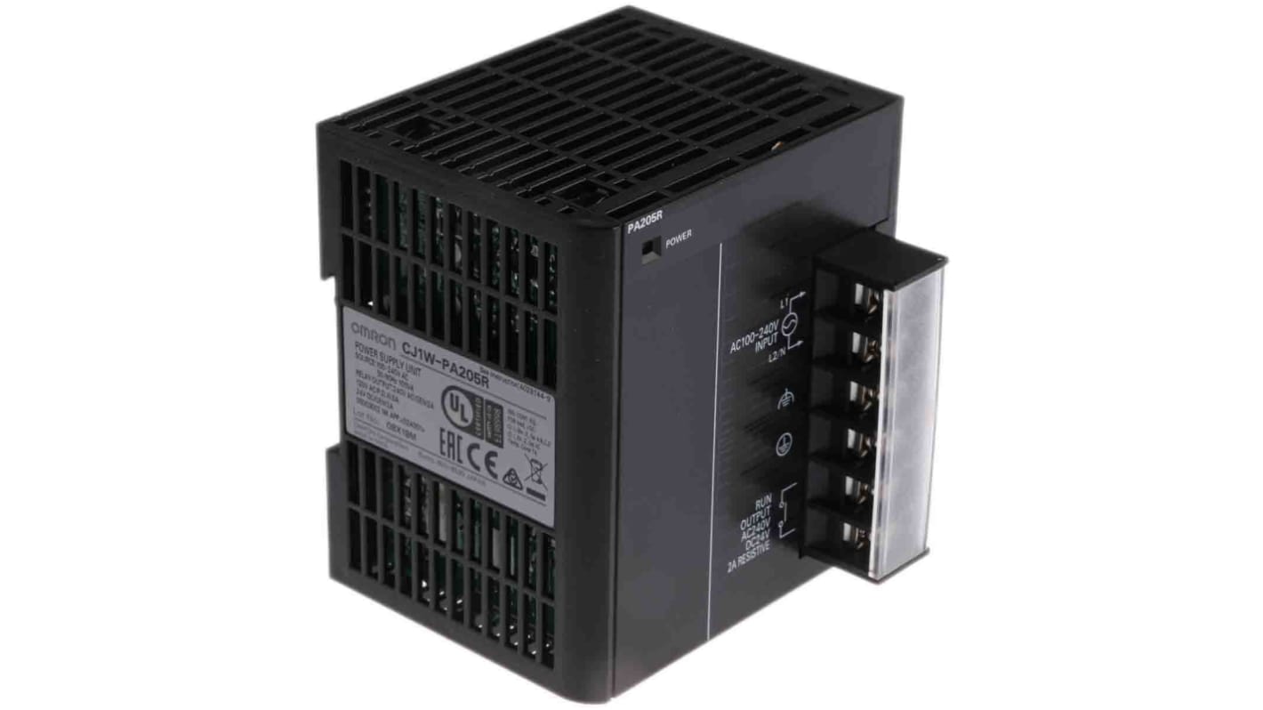 Alimentatore PLC Omron CJ1W-PA205R, 25 W, 5 A, montaggio su guida DIN, dimensioni 81,6 x 90 x 80 mm.