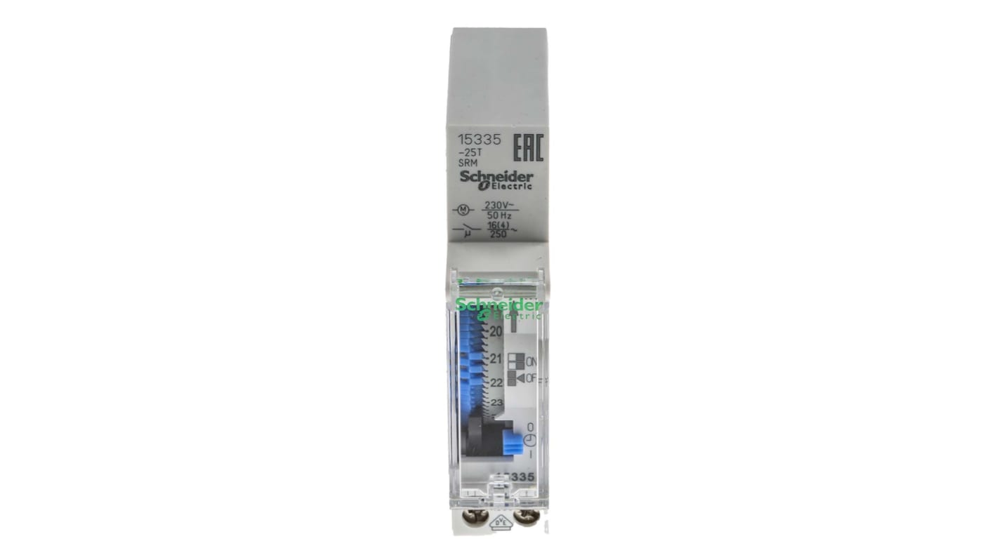 Temporizzatore DIN Schneider Electric 15335, unipolare 230V ca, 1 canale. Programmabile per il controllo di circuiti.