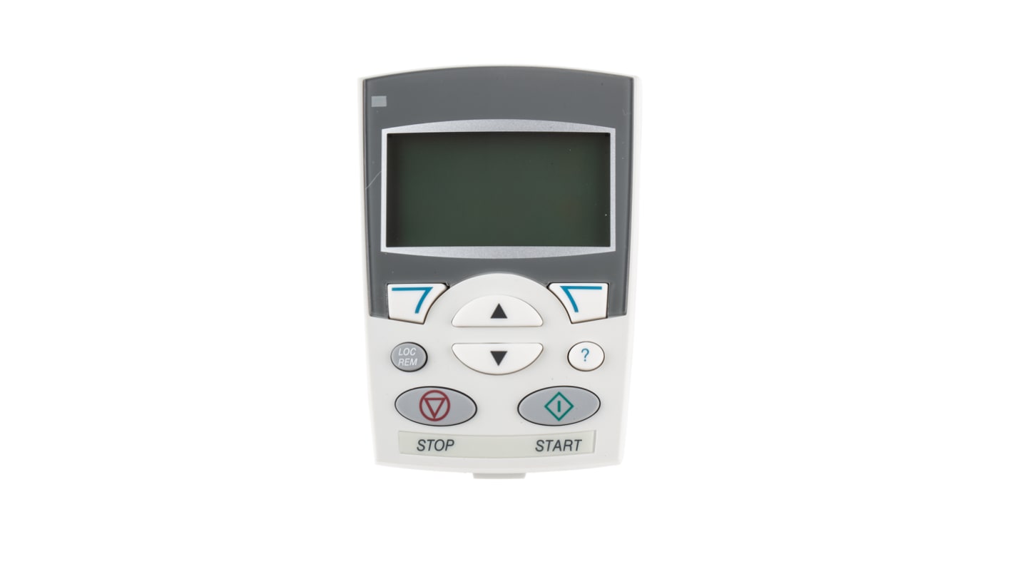 Pannello operatore ABB ACS-CP-A per serie ACS310, ACS350, ACS355, ACS550, con display retroilluminato e interfaccia a 8 pulsanti.