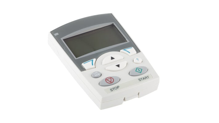 Pannello operatore ABB ACS-CP-A per serie ACS310, ACS350, ACS355, ACS550, con display retroilluminato e interfaccia a 8 pulsanti.