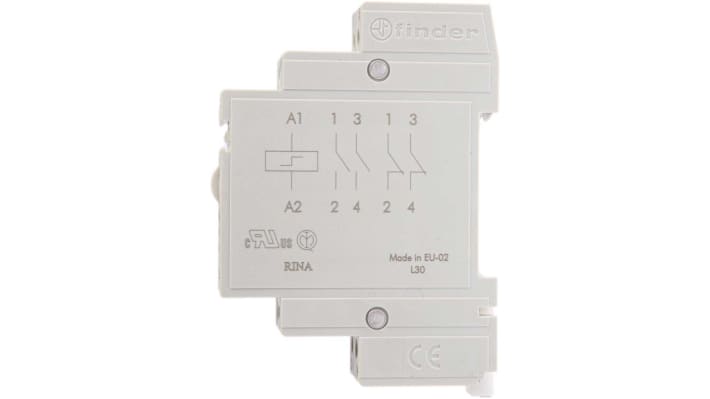 Finder 20.22.8.230.0000, relè DPST 230V ca, montaggio su guida DIN, corrente 16A, dimensioni 17,4mm x 84mm x 58,4mm.