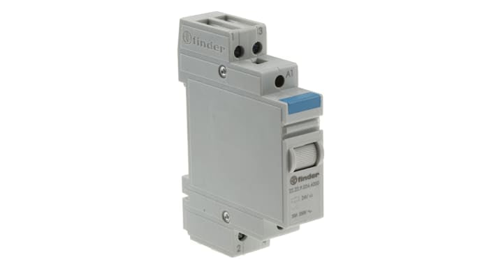 Finder 22.22.9.024.4000, relè DPST per guida DIN, 24V cc, 20A, dimensioni 17,4 mm x 58,4 mm x 84 mm.