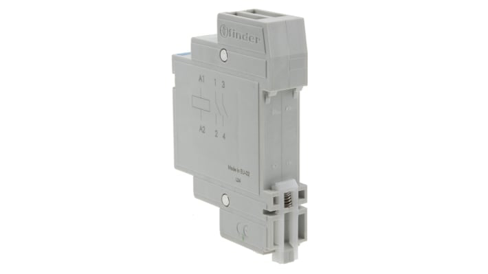 Finder 22.22.9.024.4000, relè DPST per guida DIN, 24V cc, 20A, dimensioni 17,4 mm x 58,4 mm x 84 mm.