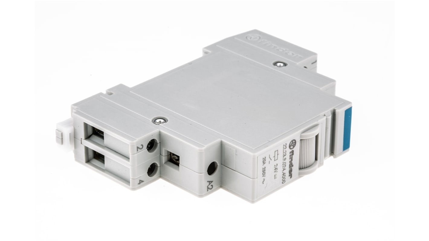 Finder 22.23.9.024.4000, relè di potenza SPST-NC/NO, bobina 24V cc, montaggio su guida DIN, dimensioni 84mm x 58.4mm.