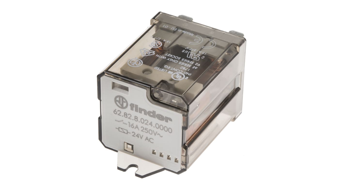 Finder 62.82.8.024.0000, relè DPDT 24V ca, montaggio su flangia, corrente 16A, dimensioni 68mm x 35.8mm x 38.2mm.