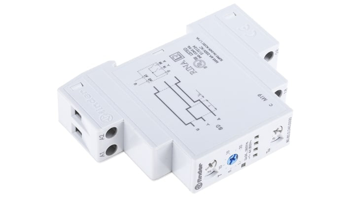 Finder Timer Relay DPST per guida DIN, intervallo 0.1-20 min, 24-240V, 10A, dimensioni 17.5x60.8x84 mm.