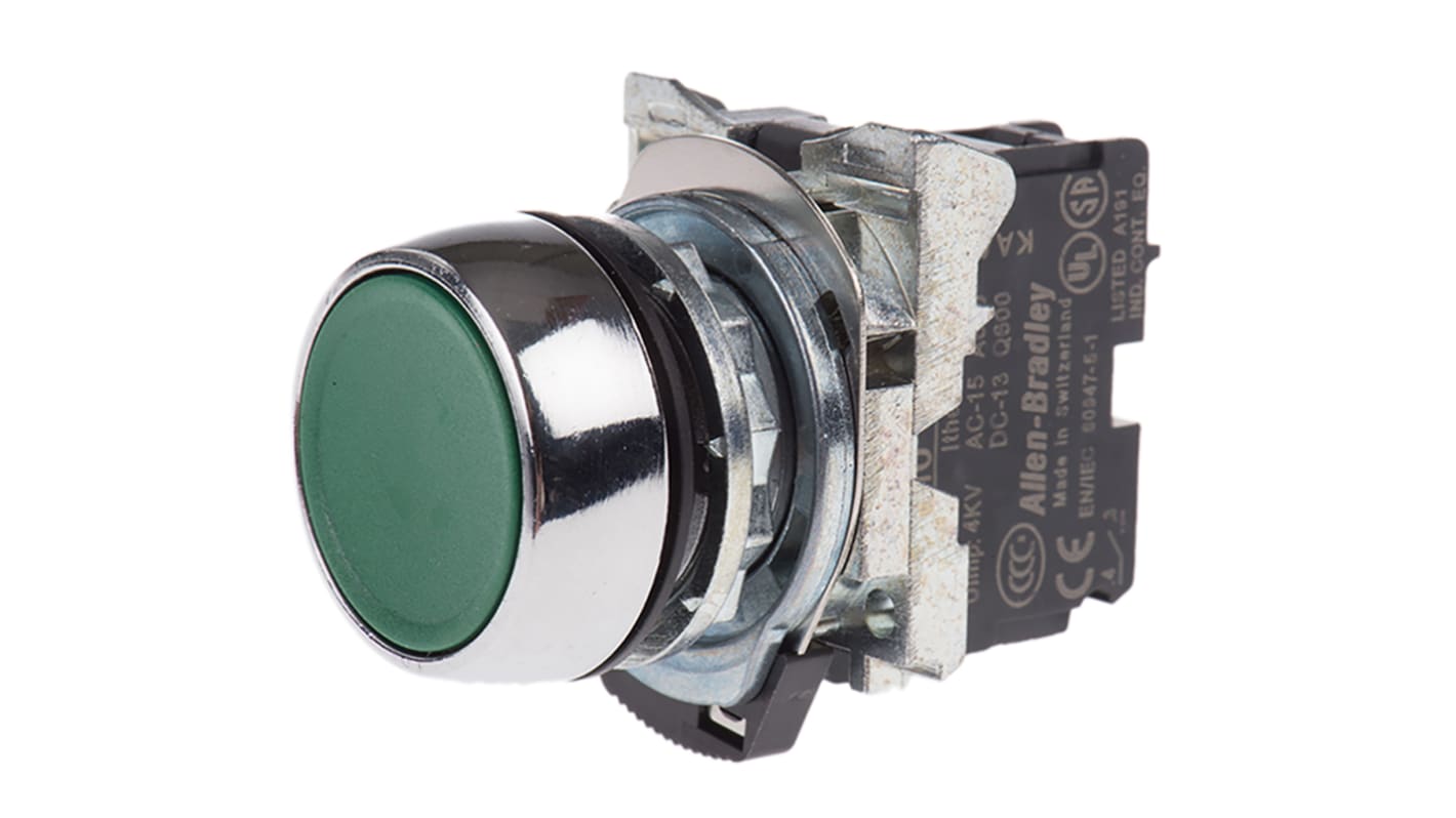 Allen Bradley 800FM-F3MX10, pulsante rotondo SPST verde, montaggio a pannello, protezione IP66, diametro foratura 22 mm.