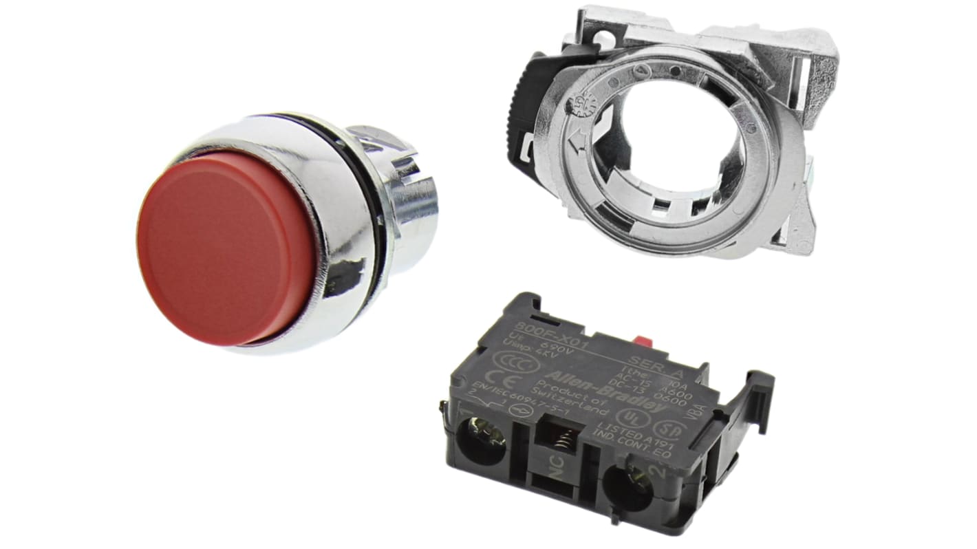 Pulsante SPST Allen Bradley 800FM-E4MX01 A, rosso, montaggio a pannello, diametro foratura 22mm, protezione IP66.