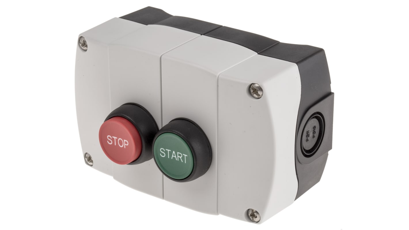 Allen Bradley 800F-2PP1, scatola pulsante IP66 per arresto-avvio, 10A, 600V, contatti 1NC/1NO, dimensioni 124x79x58mm.