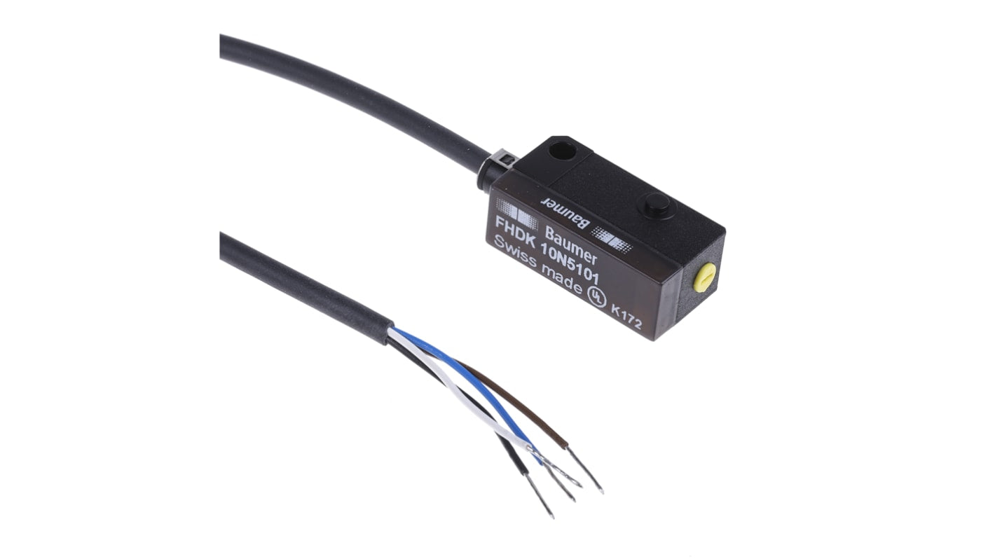 Baumer FHDK 10N5101, sensore fotoelettrico rettangolare a diffusione, rilevamento 20-120 mm, uscita NPN, IP65, alimentazione 10-30VDC.