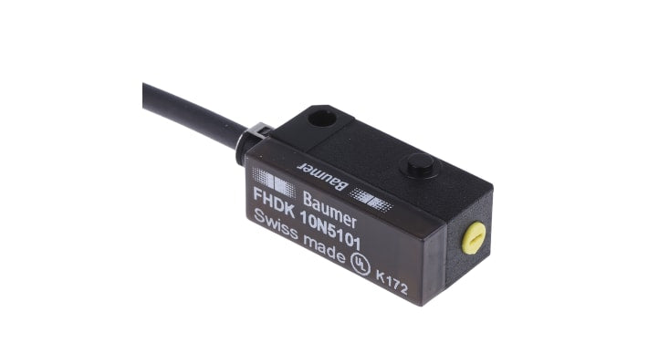 Baumer FHDK 10N5101, sensore fotoelettrico rettangolare a diffusione, rilevamento 20-120 mm, uscita NPN, IP65, alimentazione 10-30VDC.
