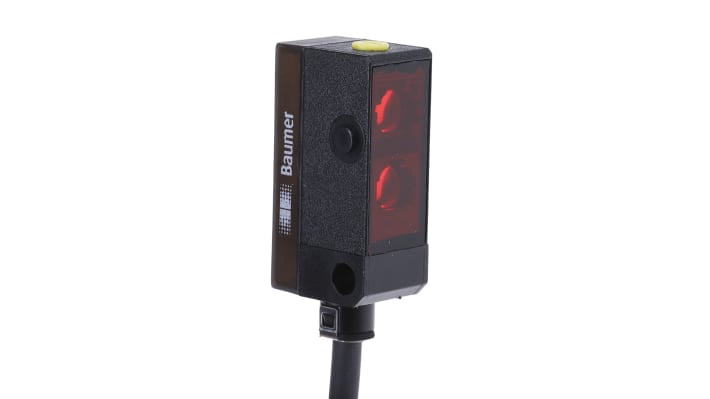 Baumer FHDK 10N5101, sensore fotoelettrico rettangolare a diffusione, rilevamento 20-120 mm, uscita NPN, IP65, alimentazione 10-30VDC.