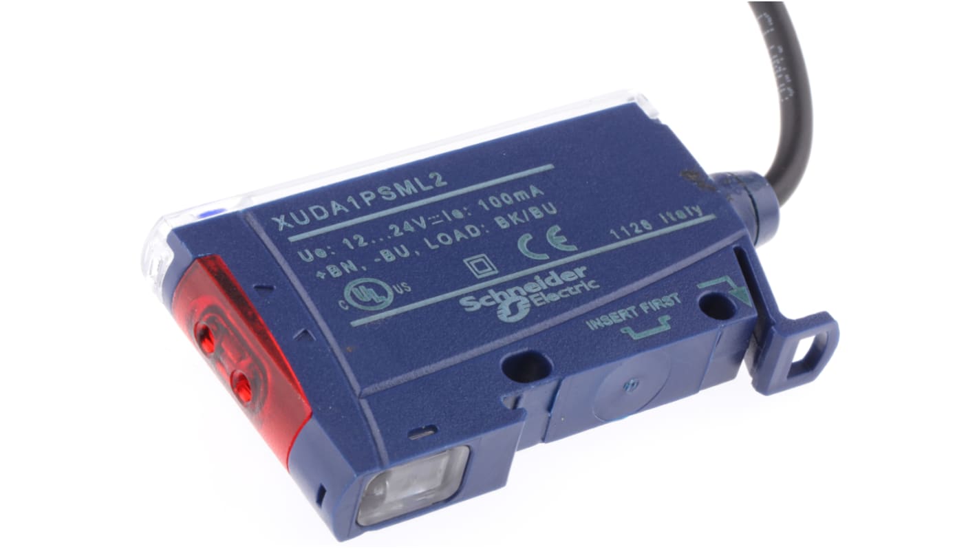 Amplificatore Telemecanique XUDA1PSML2 per guide in plastica/fibra ottica. Uscite PNP, sensibilità regolabile, LED di stato. Dimensioni: 65 x 40 x 10 mm.