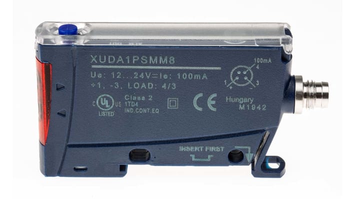 Sensore per fibre ottiche Telemecanique Sensors XUDA1PSMM8, PNP, 12-24 V c.c., 65 x 40 x 10 mm, 4 pin M8 maschio.