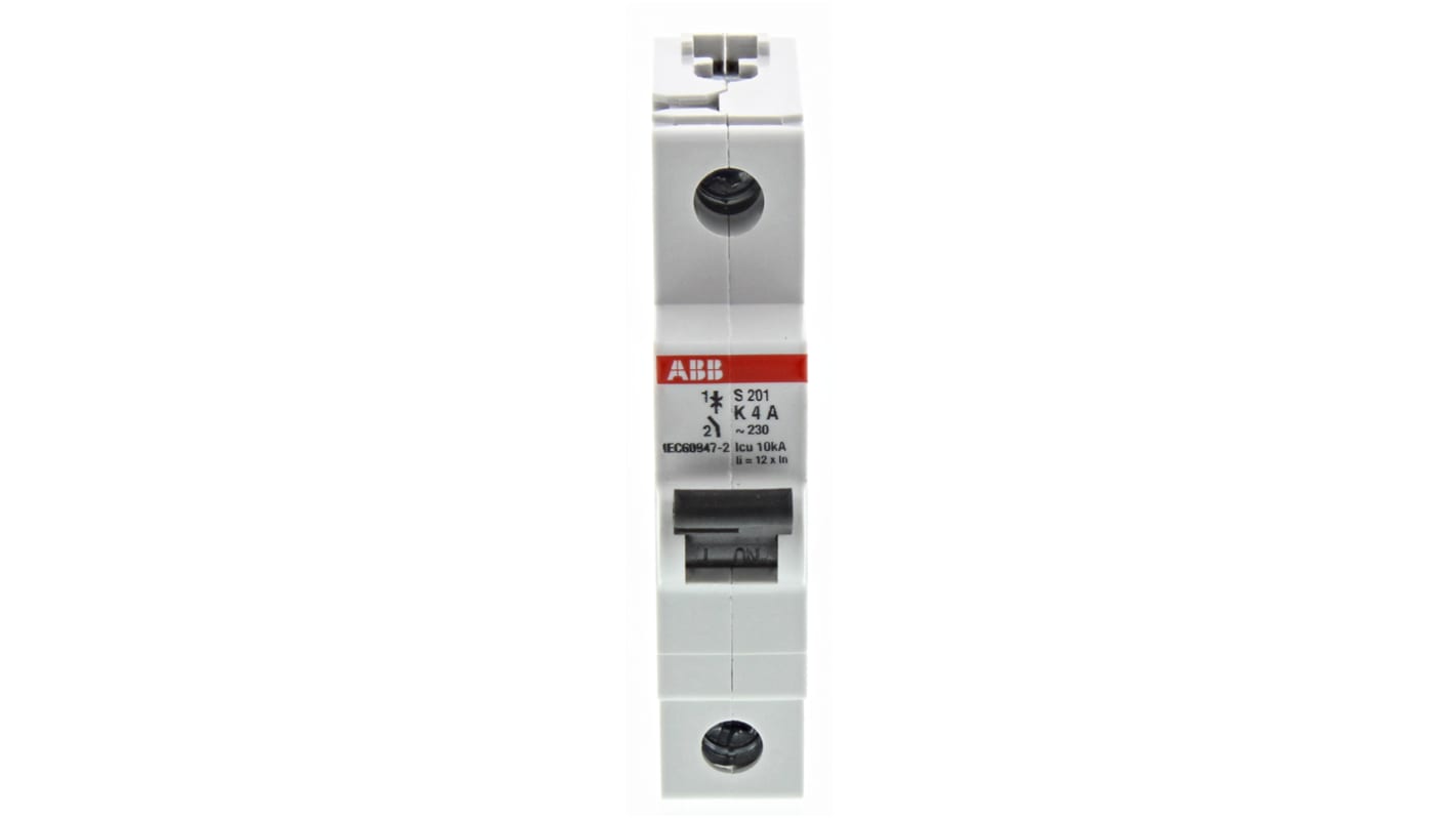 Interruttore magnetotermico ABB S201-K4, 4A, 6 kA, montaggio su guida DIN, per protezione circuiti motori, larghezza 17,5 mm.