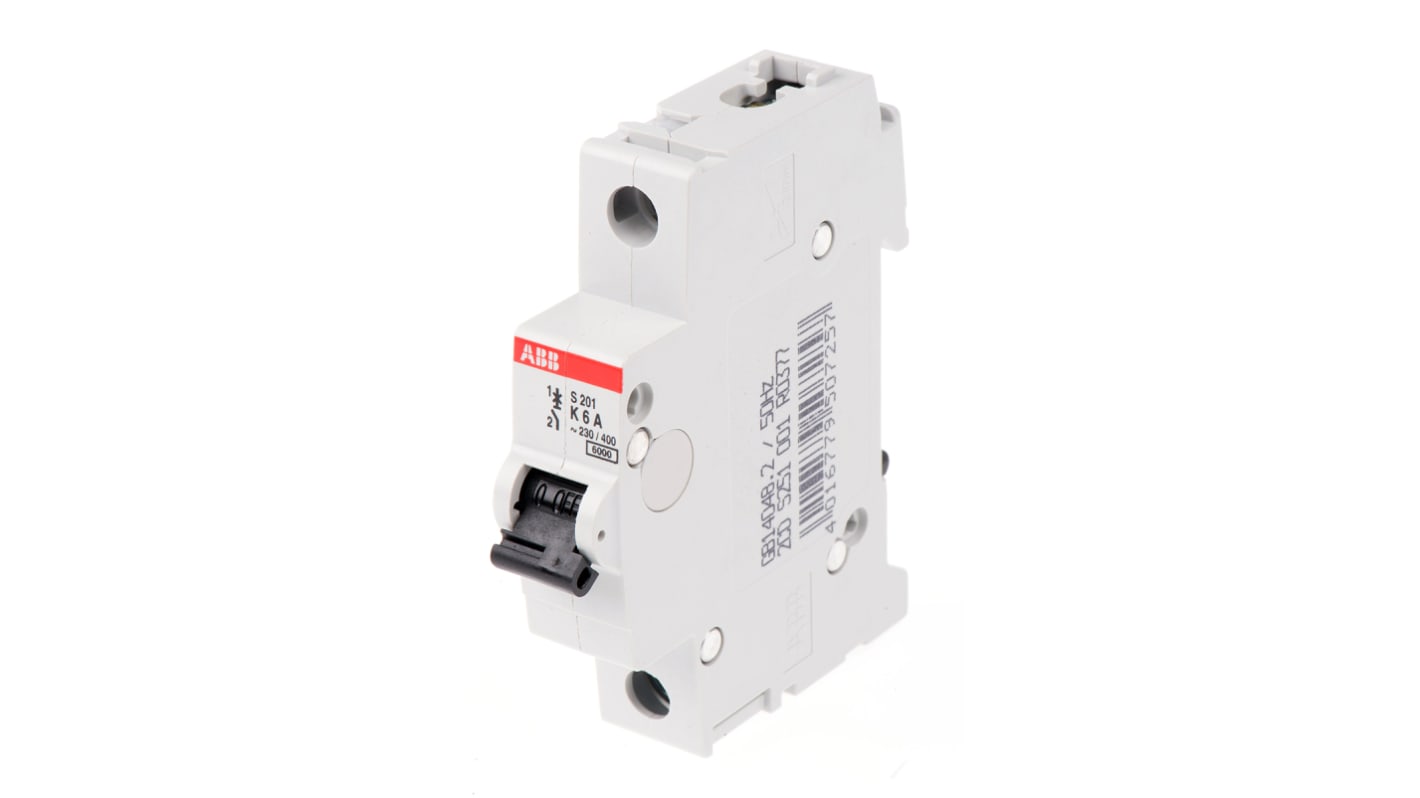 Interruttore magnetotermico ABB S201-K6, 1 polo, 6 A, montaggio su guida DIN, dimensioni 88 mm x 17,5 mm x 76 mm.