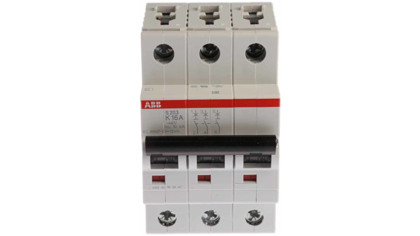 Interruttore magnetotermico ABB S203-K16, 3 poli, 16A, montaggio su guida DIN, dimensioni 52.5 mm x 76 mm.
