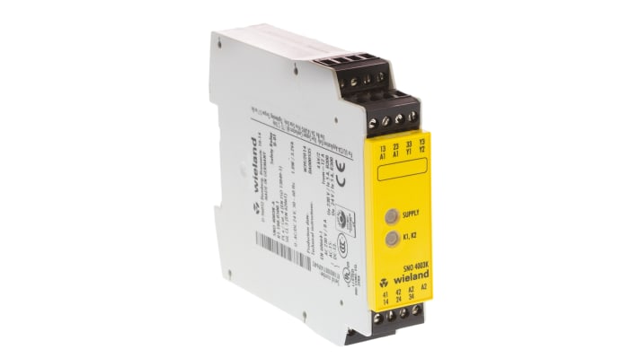 Relè di sicurezza Wieland R1.188.0500.1, 2 canali, 24V, 6 A, con LED di stato e funzione di ripresa automatica. Dimensioni: 96,5 x 22,5 x 114 mm.