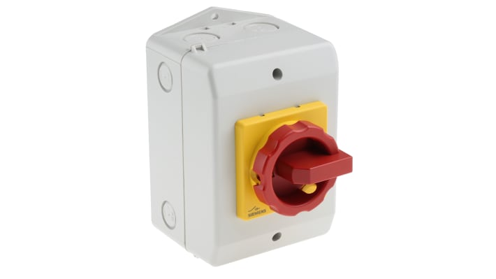 Interruttore di isolamento Siemens 3LD2064-0TB53, 3 poli, IP65, 16A, 690V, manopola rossa, dimensioni 100x140x81mm.