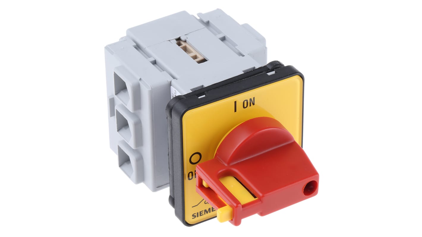Interruttore di isolamento Siemens 3LD2122-0TK13, 3 poli, 25A, montaggio a pannello, protezione IP65, dimensioni 48x48 mm.