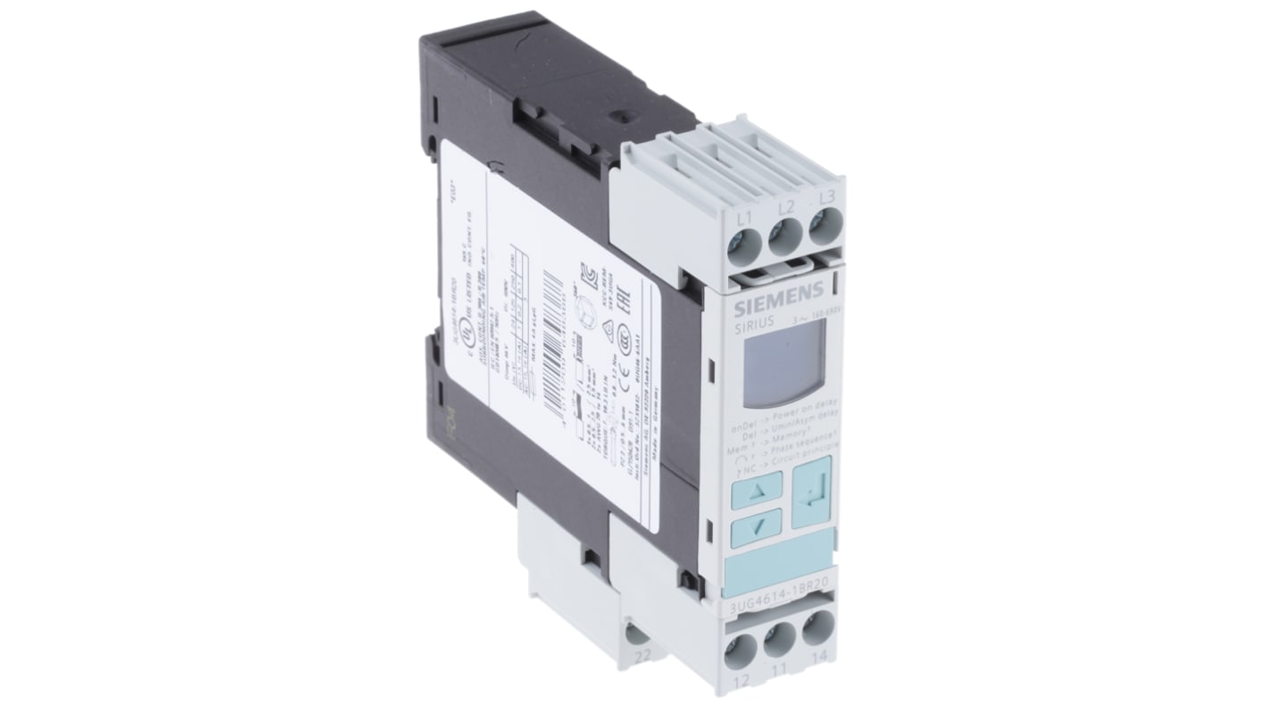Relè di monitoraggio Siemens 3UG4614-1BR20, DPDT, alimentazione 160-690V, montaggio su guida DIN, dimensioni 91x22,5x92mm.