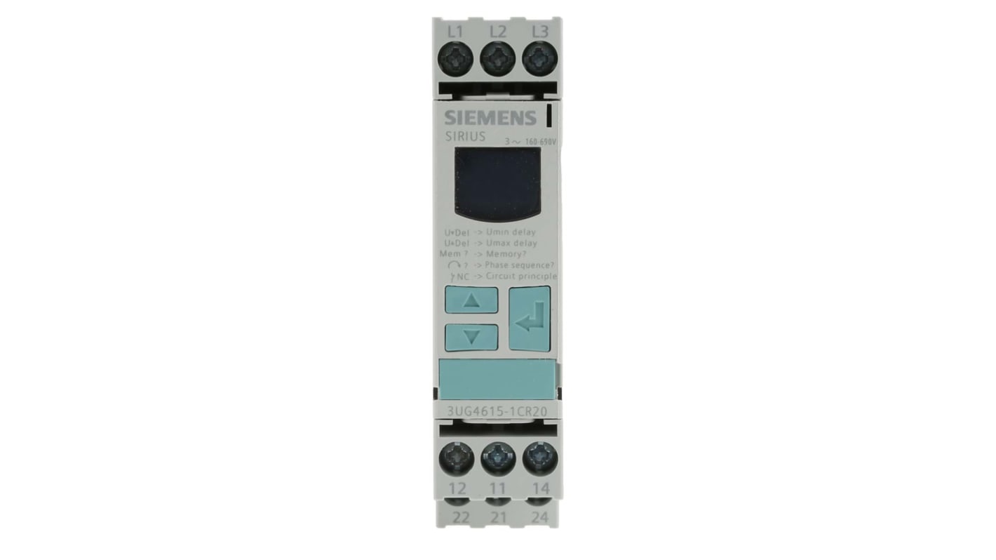 Relè di monitoraggio Siemens 3UG4615-1CR20, DPDT, tensione 160-690 V c.a., montaggio su guida DIN, dimensioni 91 x 22,5 x 92 mm.