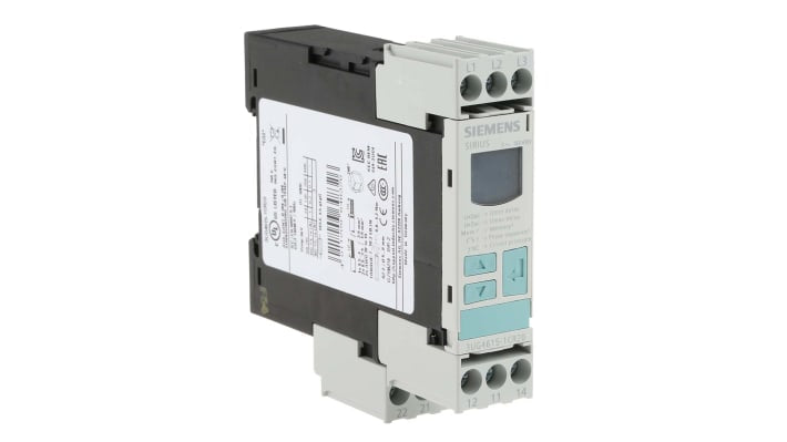 Relè di monitoraggio Siemens 3UG4615-1CR20, DPDT, tensione 160-690 V c.a., montaggio su guida DIN, dimensioni 91 x 22,5 x 92 mm.