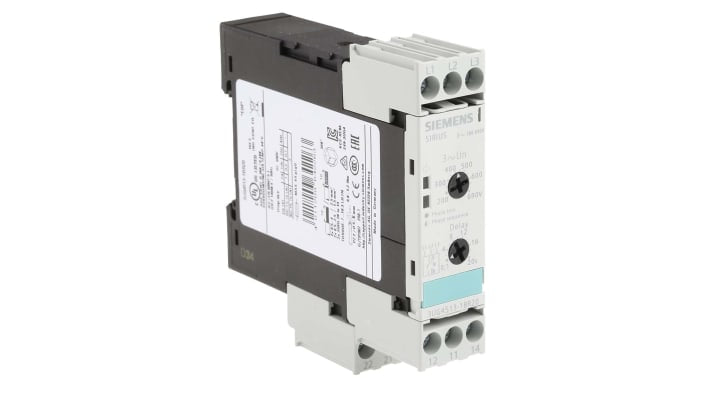 Relè di monitoraggio Siemens 3UG4513-1BR20, DPDT, tensione 160-690 V, montaggio su guida DIN, dimensioni 91 x 22,5 x 92 mm.