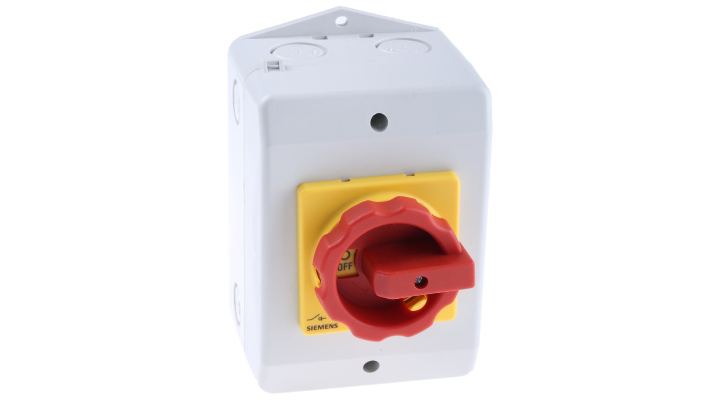 Interruttore di isolamento Siemens 3LD2264-0TB53, 3 poli, IP65, 32A, 690V, manopola rossa, dimensioni 100x140x81mm.