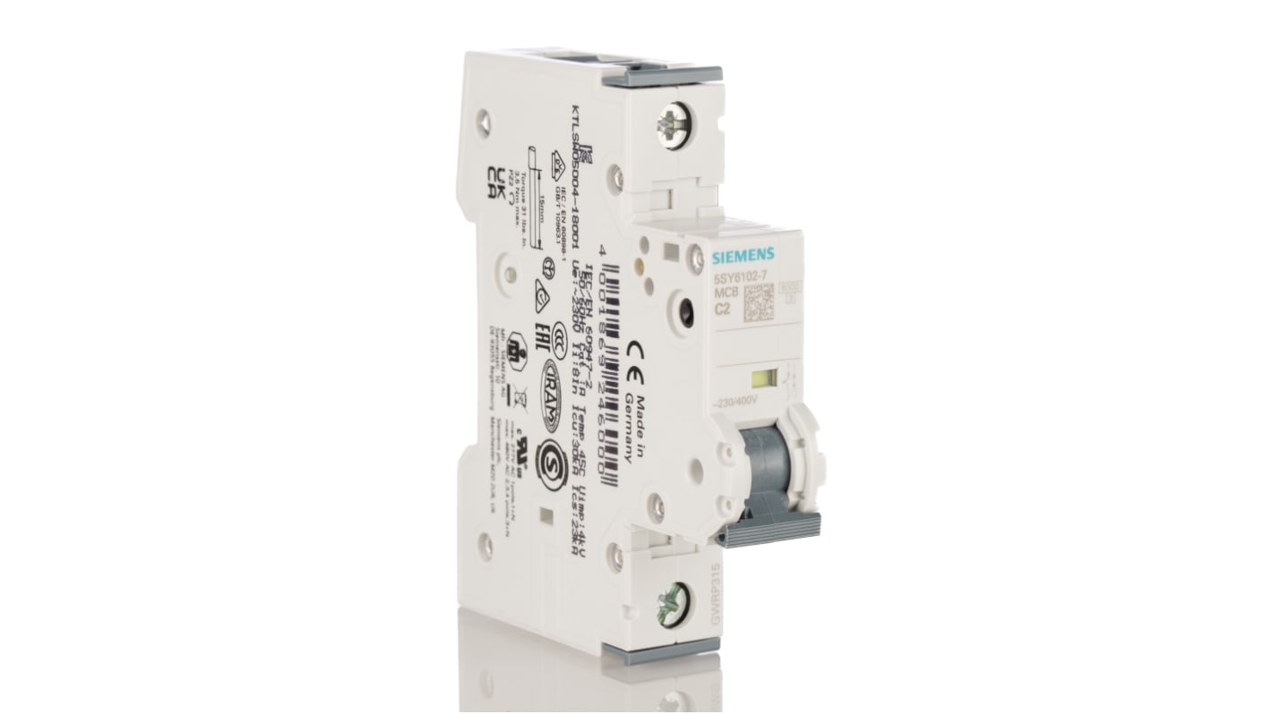 Interruttore automatico Siemens 5SY6102-7, 2A 6kA Tipo C per protezione generale. Certificato EN 60898, VDE 0641, IEC 60898. Montaggio su guida DIN.