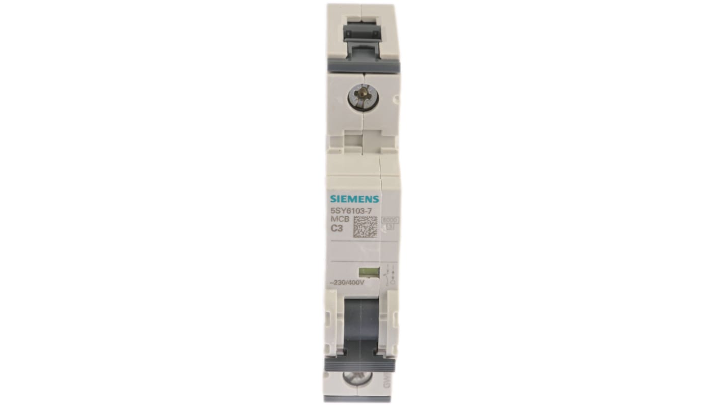 Interruttore automatico Siemens 5SY6103-7, Tipo C, protezione generale per linee con correnti di avviamento. Montaggio su guida DIN, ideale per motori e illuminazione industriale. Conforme agli standard EN 60898.