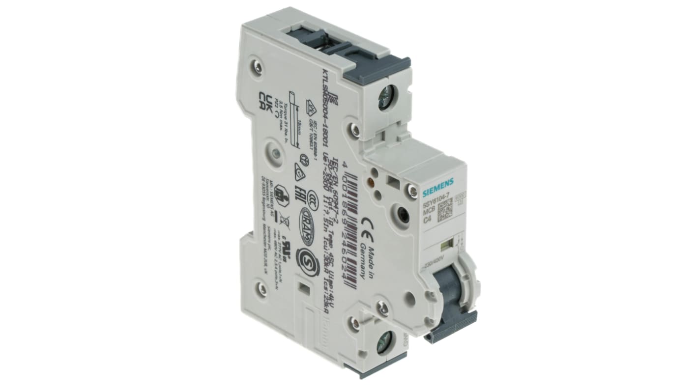 Interruttore magnetotermico Siemens 1P 4A 6 kA, Tipo C (5SY6104-7) per protezione da sovraccarichi e cortocircuiti. Compatto e resistente, conforme agli standard EN 60898.