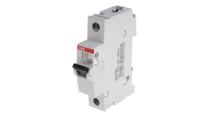 Interruttore magnetotermico ABB S201-D1, 1A, 6 kA, montaggio su guida DIN, dimensioni 17.5 mm x 88 mm x 76 mm.