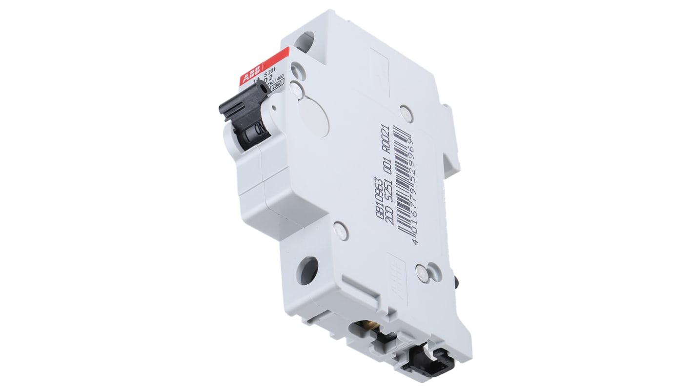 Interruttore magnetotermico ABB S201-D2, unipolare, 2A, montaggio su guida DIN, dimensioni 69 x 17,5 x 88 mm.