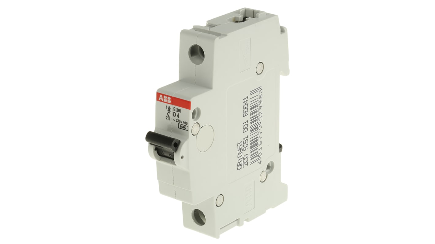 Interruttore magnetotermico ABB S201-D4, 1P 4A, 6 kA, montaggio su guida DIN, dimensioni 88mm x 17.5mm x 69mm.