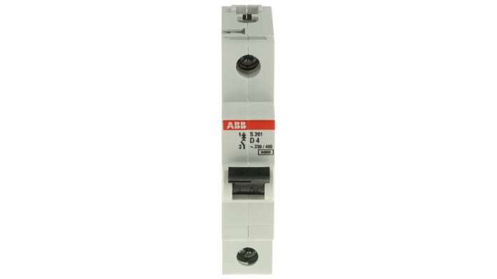 Interruttore magnetotermico ABB S201-D4, 1P 4A, 6 kA, montaggio su guida DIN, dimensioni 88mm x 17.5mm x 69mm.