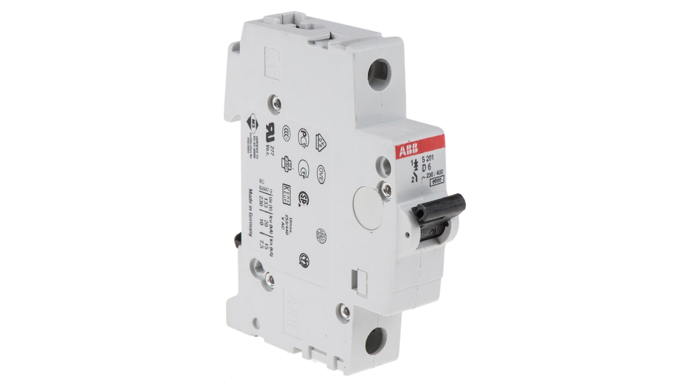 Interruttore magnetotermico ABB S201-D6, 1P 6A, montaggio su guida DIN, larghezza 17.5mm, capacità di rottura 6 kA.
