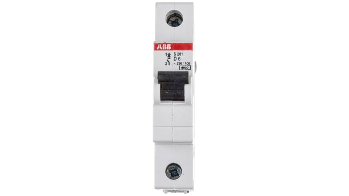 Interruttore magnetotermico ABB S201-D6, 1P 6A, montaggio su guida DIN, larghezza 17.5mm, capacità di rottura 6 kA.