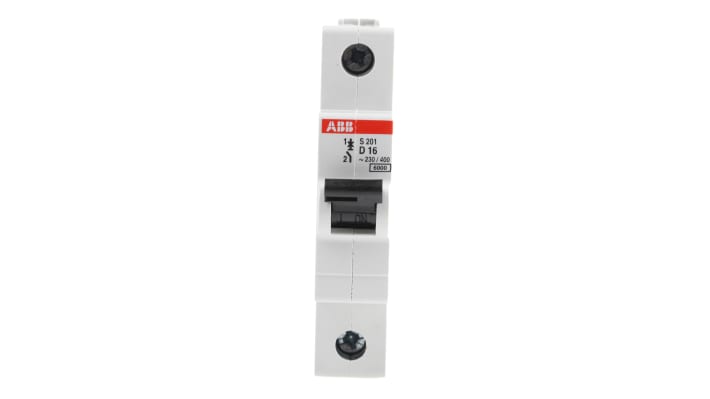 Interruttore magnetotermico ABB S201-D16, unipolare, 16 A, 230 V, montaggio su guida DIN, larghezza 17.5 mm.